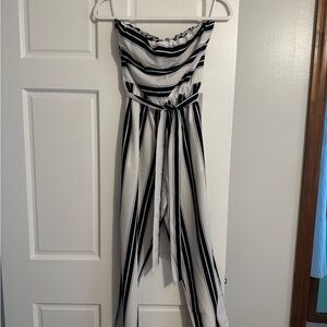 Express Black and White Striped Strapless Jumpsuit